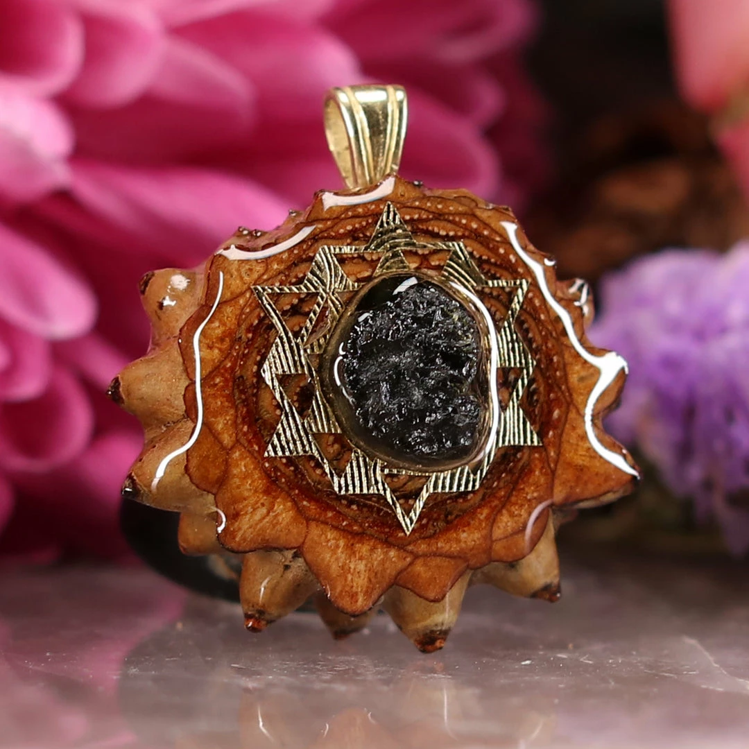 TEP Moldavite With Gold 64 Star Tetrahedron Pendants 5 TEP Moldavite With Gold 64 Star Tetrahedron Pendants