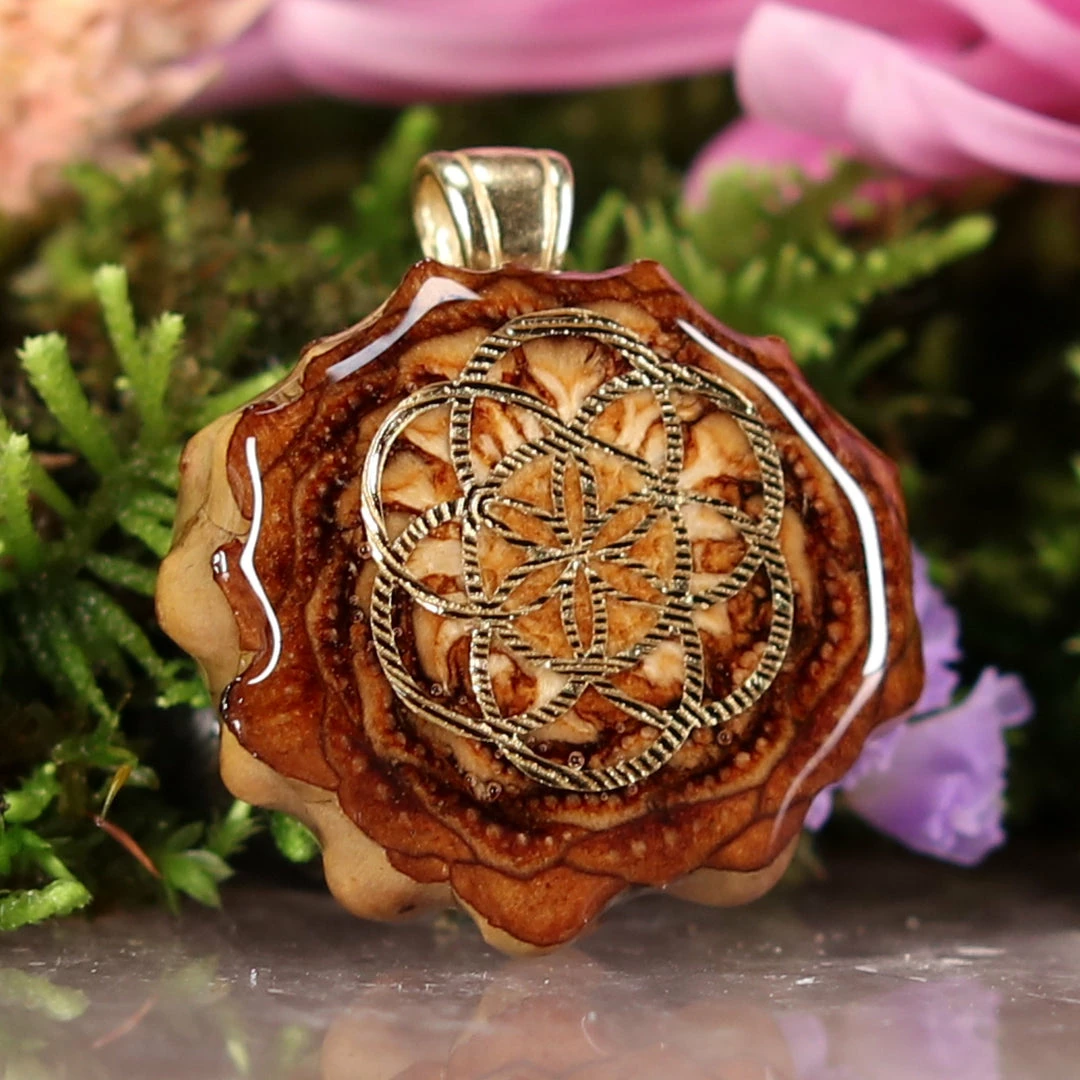 TEP Natural With Gold Seed Of Life Pendants 5 TEP Natural With Gold Seed Of Life Pendants