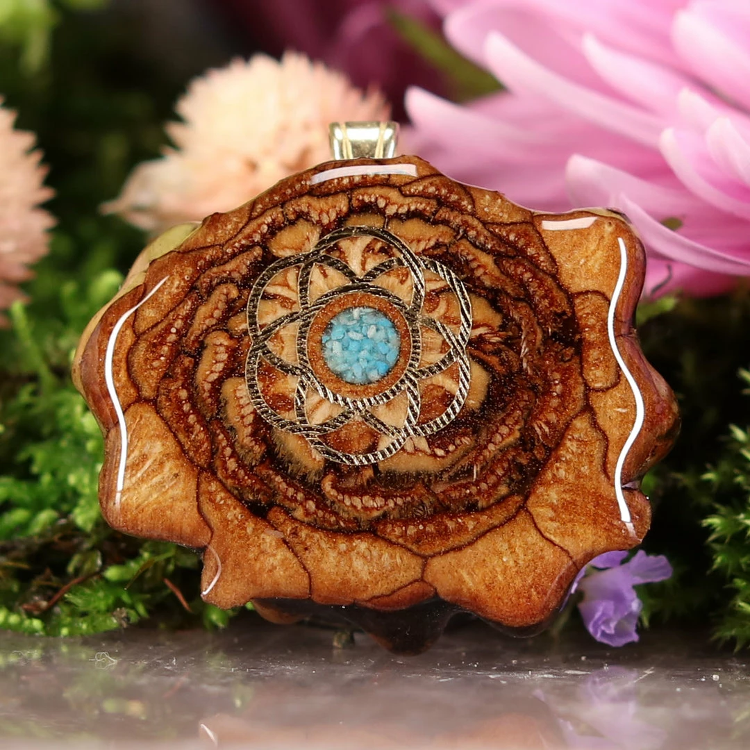 TEP Crushed Turquoise (Glows) With Gold Seed Of Life 3 TEP Crushed Turquoise (Glows) With Gold Seed Of Life