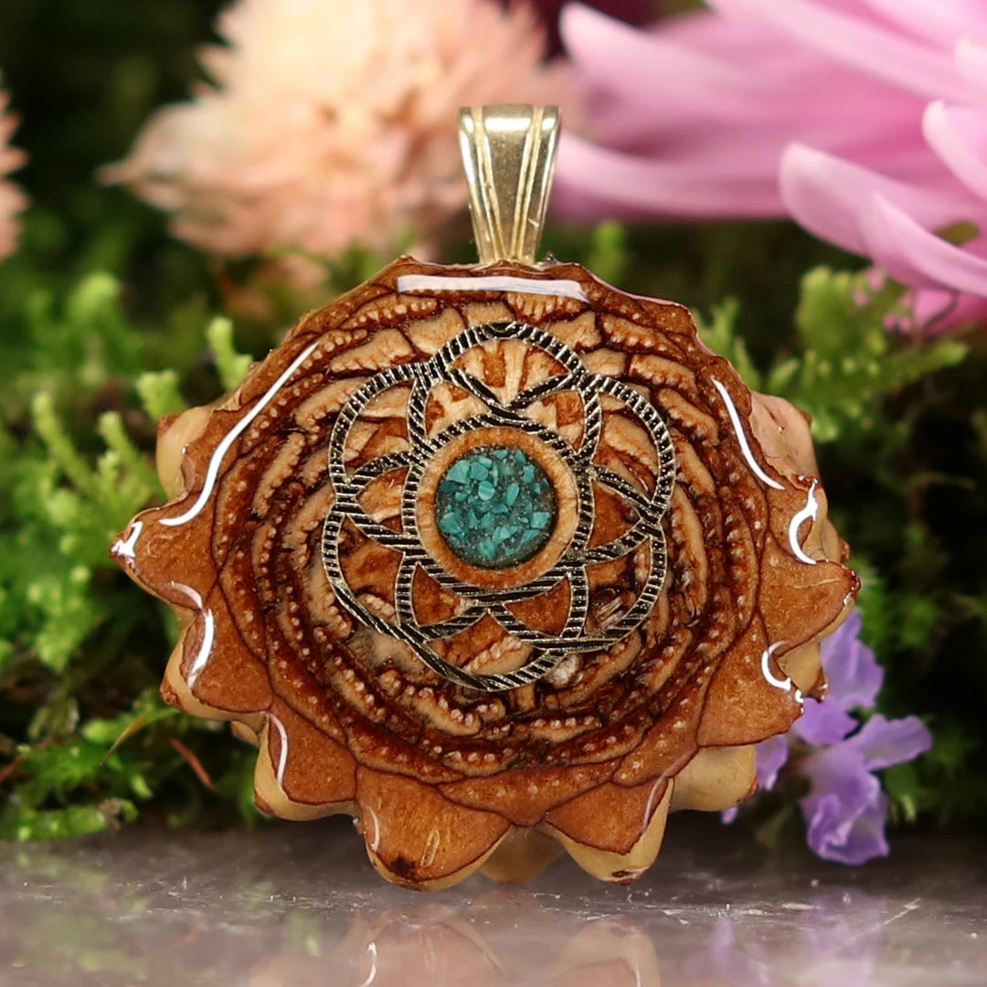 TEP Pendants Crushed Malachite (Glows) With Gold Seed Of Life 3 TEP Pendants Crushed Malachite (Glows) With Gold Seed Of Life