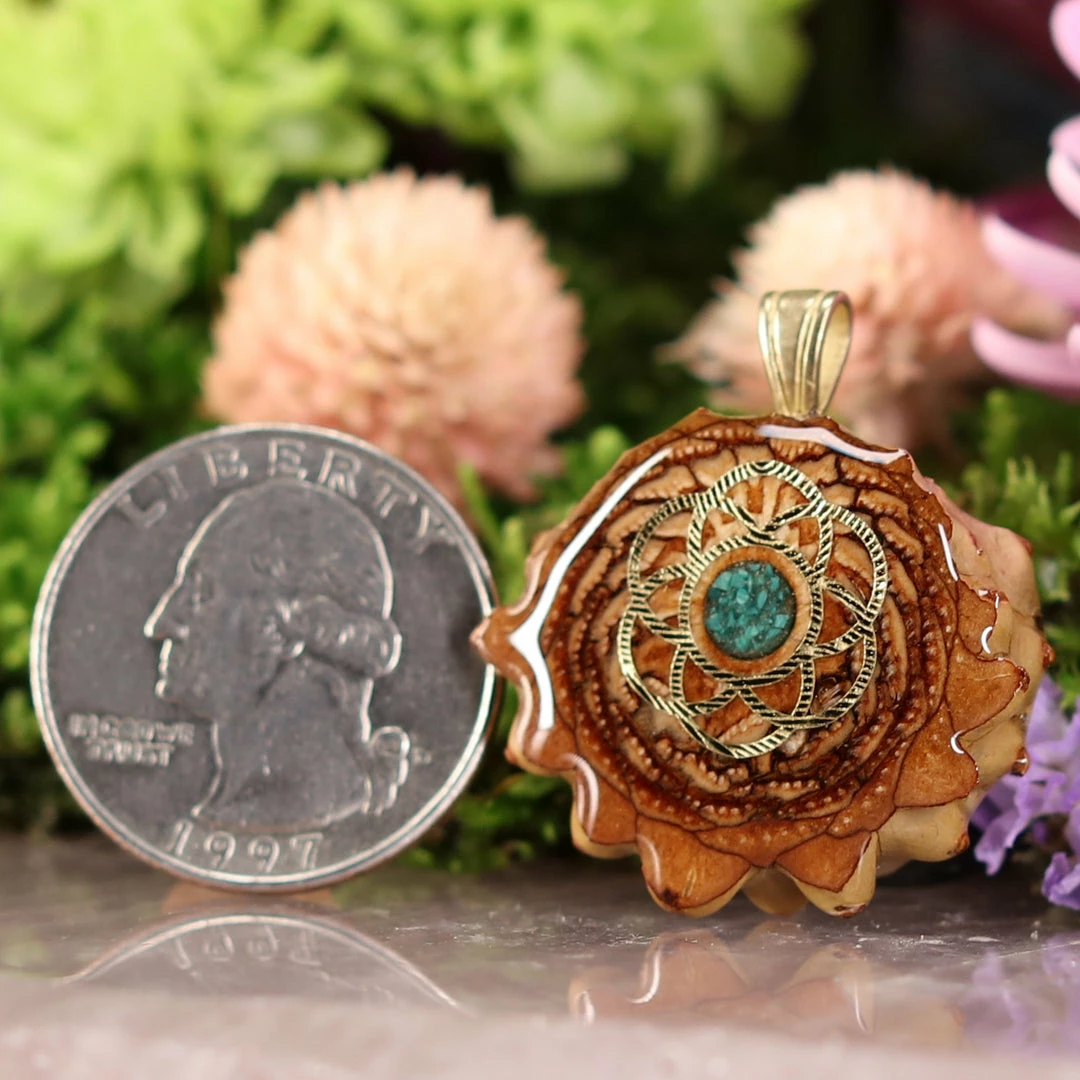 TEP Pendants Crushed Malachite (Glows) With Gold Seed Of Life 4 TEP Pendants Crushed Malachite (Glows) With Gold Seed Of Life