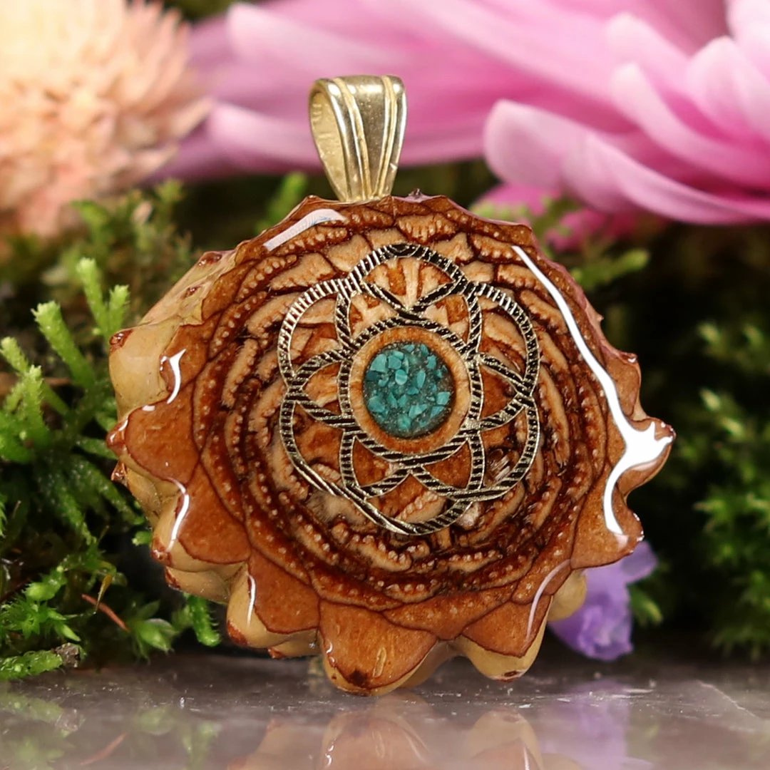 TEP Pendants Crushed Malachite (Glows) With Gold Seed Of Life 5 TEP Pendants Crushed Malachite (Glows) With Gold Seed Of Life