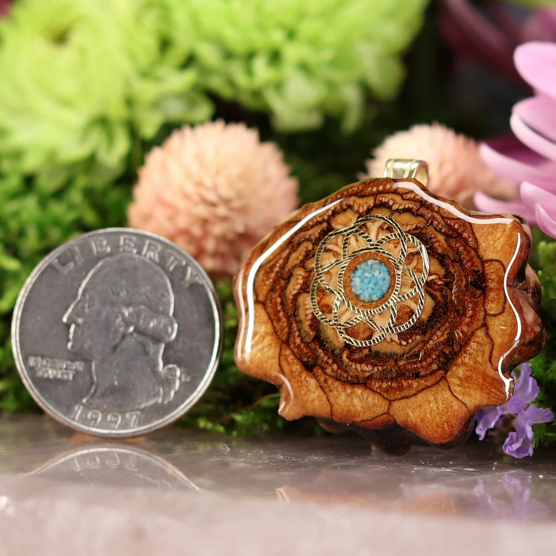 TEP Crushed Turquoise (Glows) With Gold Seed Of Life 4 TEP Crushed Turquoise (Glows) With Gold Seed Of Life