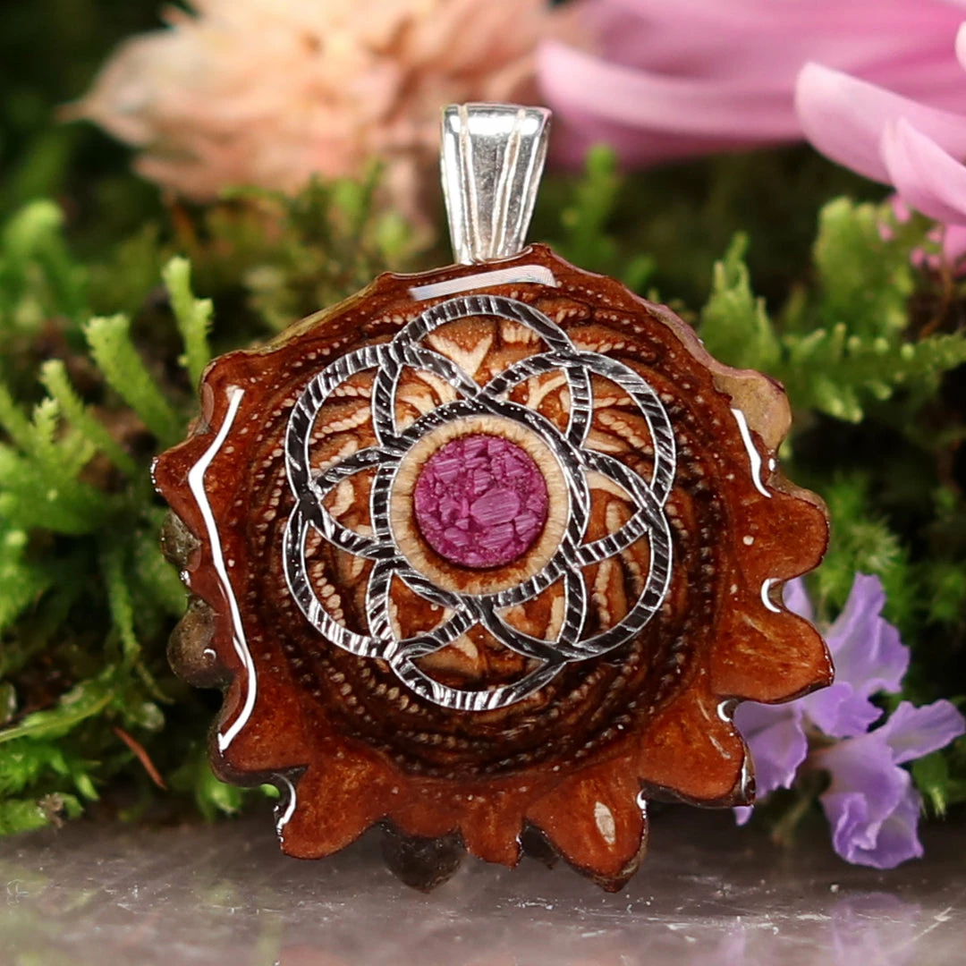 TEP Pendants Crushed Sugilite (Glows) With Silver Seed Of Life 3 TEP Pendants Crushed Sugilite (Glows) With Silver Seed Of Life