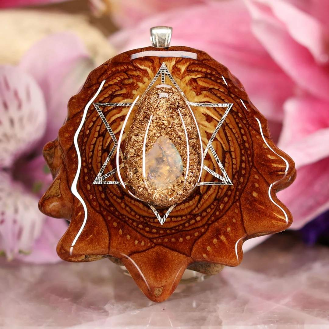 TEP Orgonite With Moonstone With Silver Merkaba And Back Om Pendants 3 TEP Orgonite With Moonstone With Silver Merkaba And Back Om Pendants