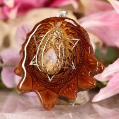 TEP Orgonite With Moonstone With Silver Merkaba And Back Om Pendants