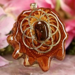 TEP Mexican Fire Agate With Gold Seed Of Life And Back Om 7 TEP Mexican Fire Agate With Gold Seed Of Life And Back Om