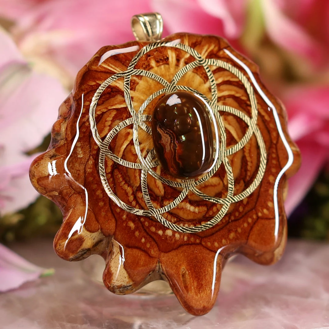 TEP Mexican Fire Agate With Gold Seed Of Life And Back Om 5 TEP Mexican Fire Agate With Gold Seed Of Life And Back Om