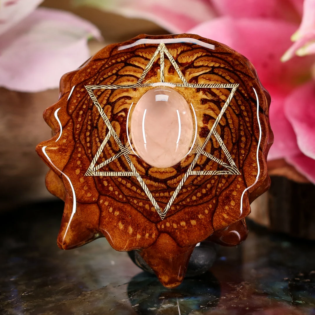 TEP Pendants Rose Quartz With Gold Merkaba 3 TEP Pendants Rose Quartz With Gold Merkaba