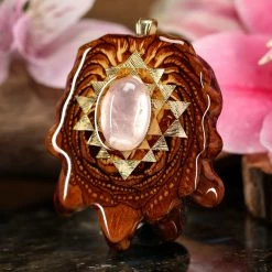 TEP Pendants Rose Quartz With Gold Sri Yantra And Back Om