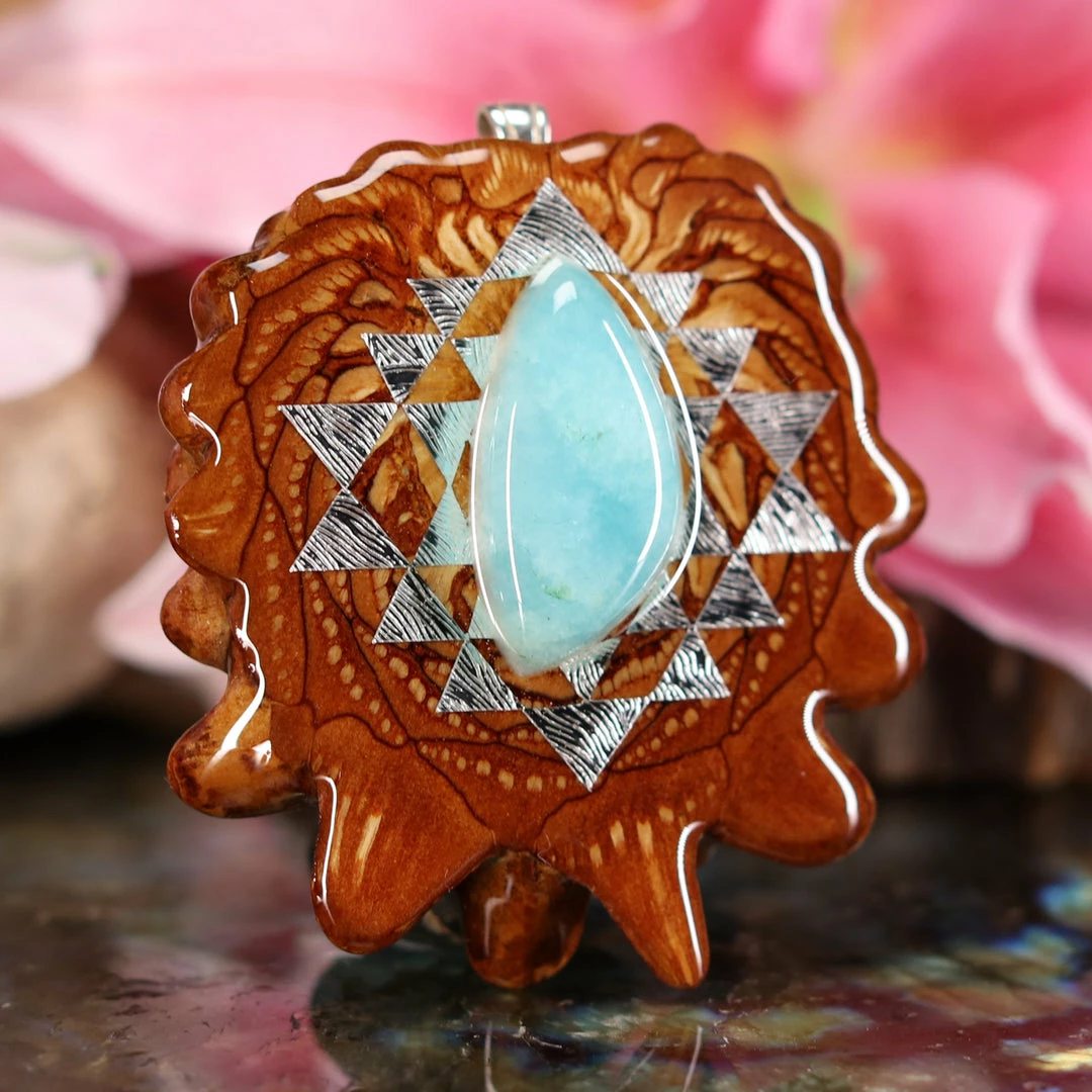 TEP Pendants Amazonite With Silver Sri Yantra 5 TEP Pendants Amazonite With Silver Sri Yantra