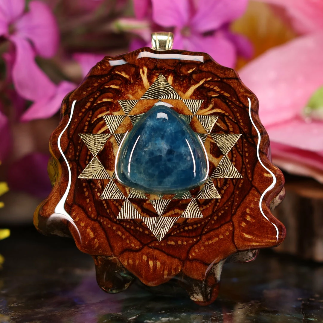 TEP Pendants Blue Apatite With Gold Sri Yantra And Back Om 3 TEP Pendants Blue Apatite With Gold Sri Yantra And Back Om