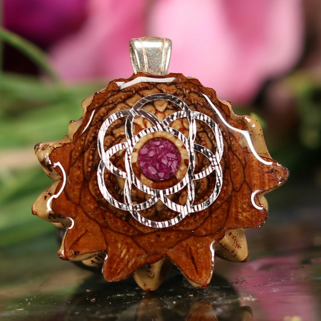 TEP Pendants Crushed Sugilite (Glows) With Silver Seed Of Life 3 TEP Pendants Crushed Sugilite (Glows) With Silver Seed Of Life