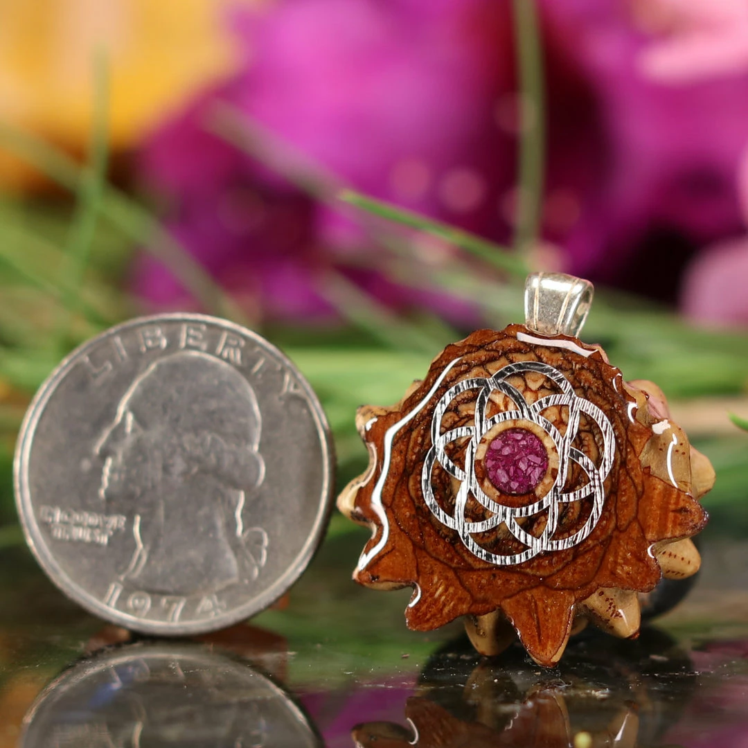 TEP Pendants Crushed Sugilite (Glows) With Silver Seed Of Life 4 TEP Pendants Crushed Sugilite (Glows) With Silver Seed Of Life