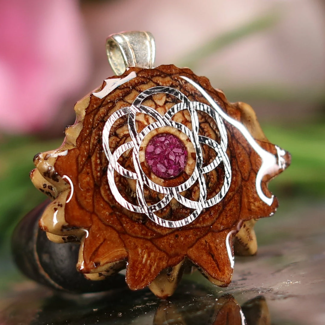 TEP Pendants Crushed Sugilite (Glows) With Silver Seed Of Life 5 TEP Pendants Crushed Sugilite (Glows) With Silver Seed Of Life