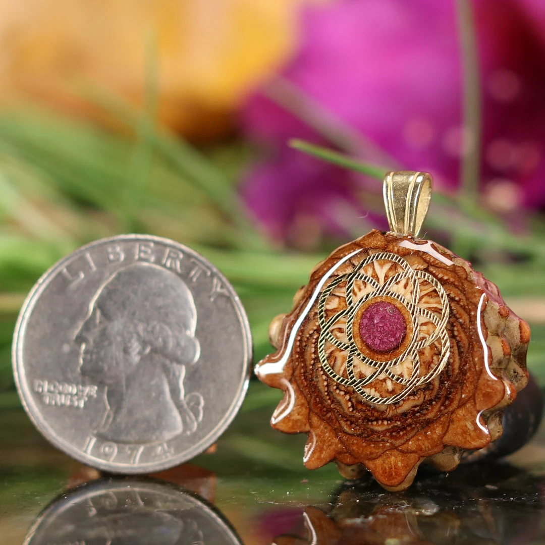 TEP Pendants Crushed Sugilite (Glows) With Gold Seed Of Life 4 TEP Pendants Crushed Sugilite (Glows) With Gold Seed Of Life