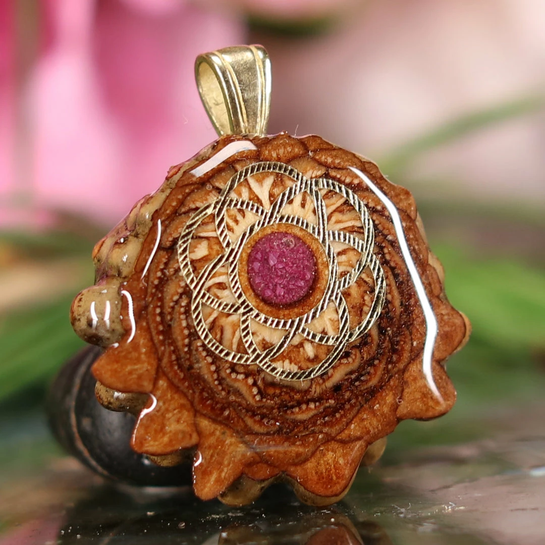 TEP Pendants Crushed Sugilite (Glows) With Gold Seed Of Life 5 TEP Pendants Crushed Sugilite (Glows) With Gold Seed Of Life