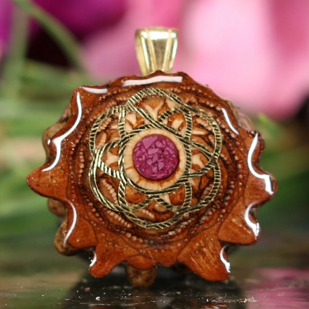 TEP Crushed Sugilite (Glows) With Gold Seed Of Life Pendants 3 TEP Crushed Sugilite (Glows) With Gold Seed Of Life Pendants