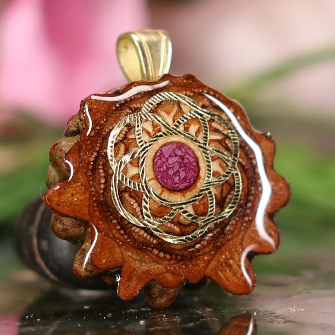 TEP Crushed Sugilite (Glows) With Gold Seed Of Life Pendants 5 TEP Crushed Sugilite (Glows) With Gold Seed Of Life Pendants