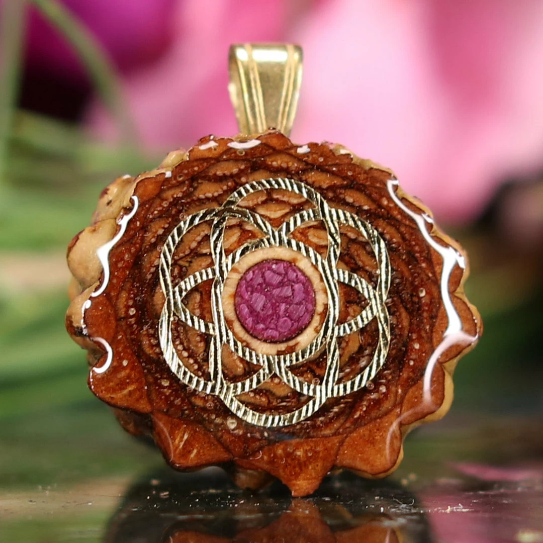 TEP Crushed Sugilite (Glows) With Gold Seed Of Life Pendants 3 TEP Crushed Sugilite (Glows) With Gold Seed Of Life Pendants