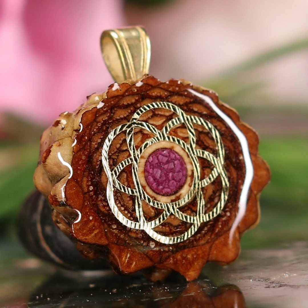 TEP Crushed Sugilite (Glows) With Gold Seed Of Life Pendants 5 TEP Crushed Sugilite (Glows) With Gold Seed Of Life Pendants