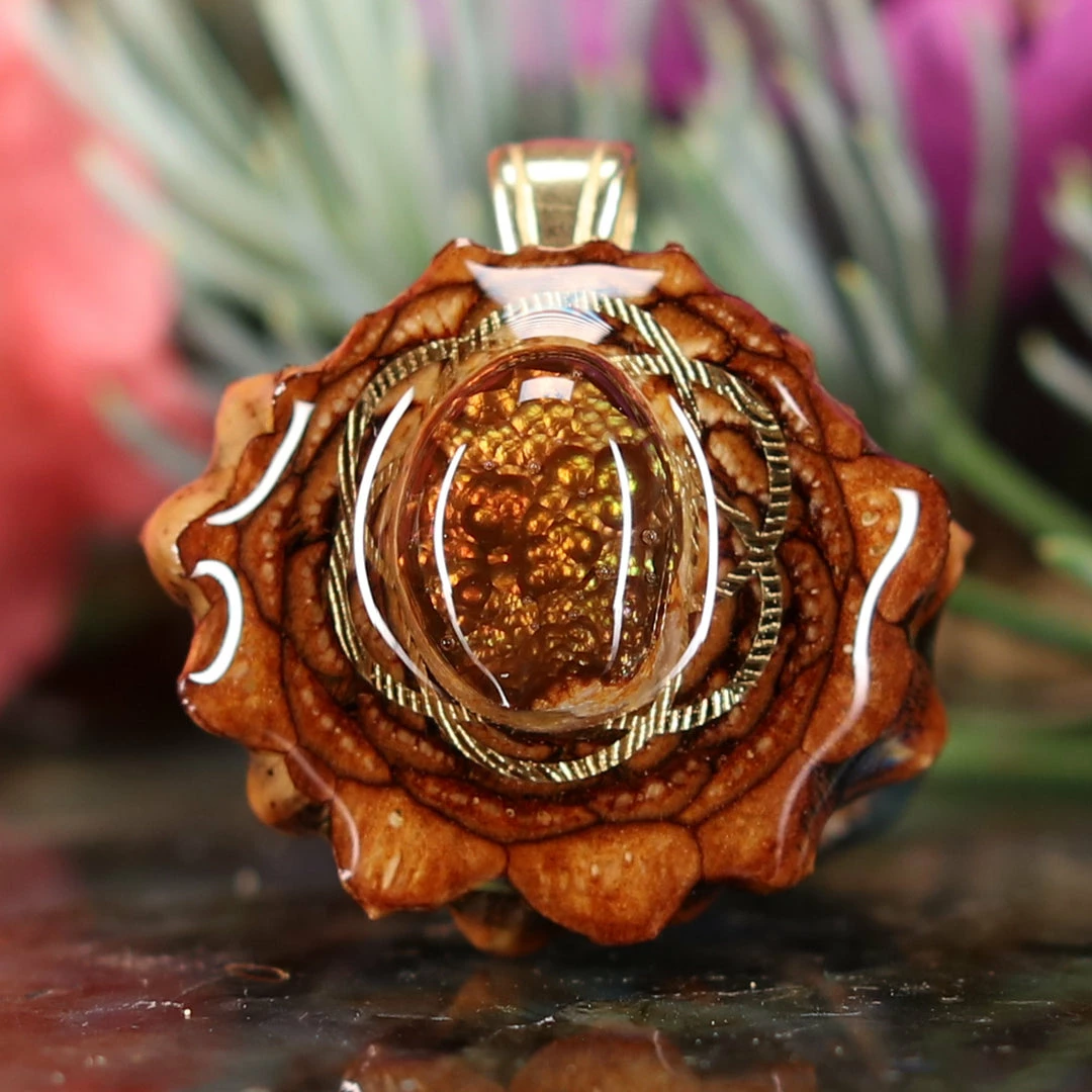 TEP Pendants Mexican Fire Agate With Gold Seed Of Life 3 TEP Pendants Mexican Fire Agate With Gold Seed Of Life