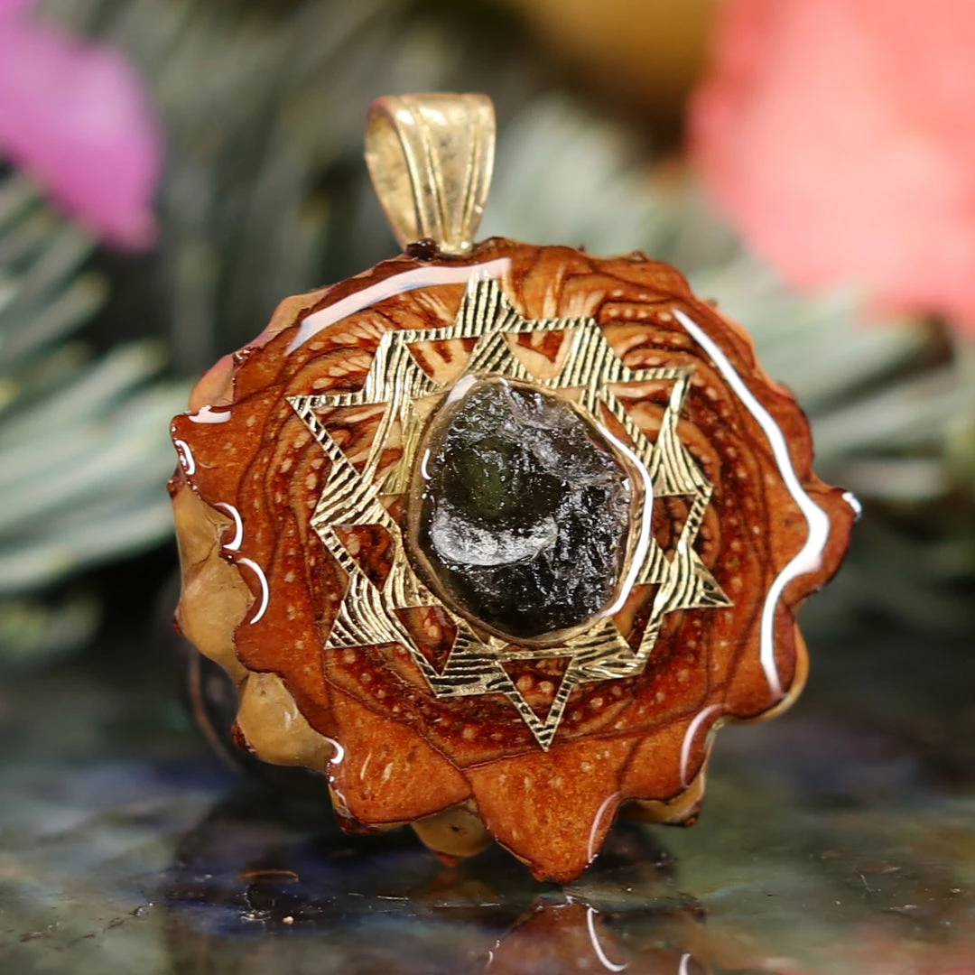 TEP Pendants Moldavite With Gold 64 Star Tetrahedron 5 TEP Pendants Moldavite With Gold 64 Star Tetrahedron