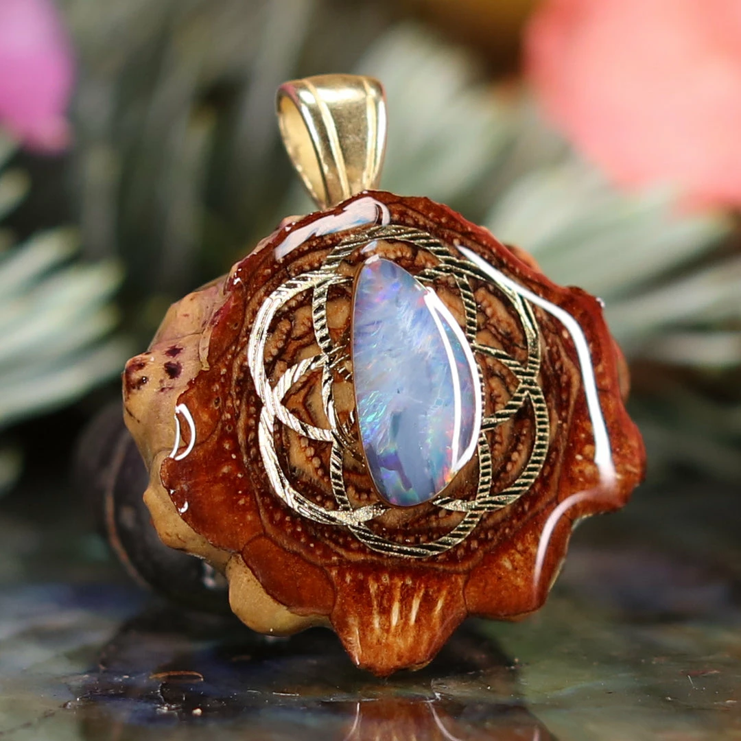 TEP Australian Blue Opal With Gold Seed Of Life Pendants 5 TEP Australian Blue Opal With Gold Seed Of Life Pendants