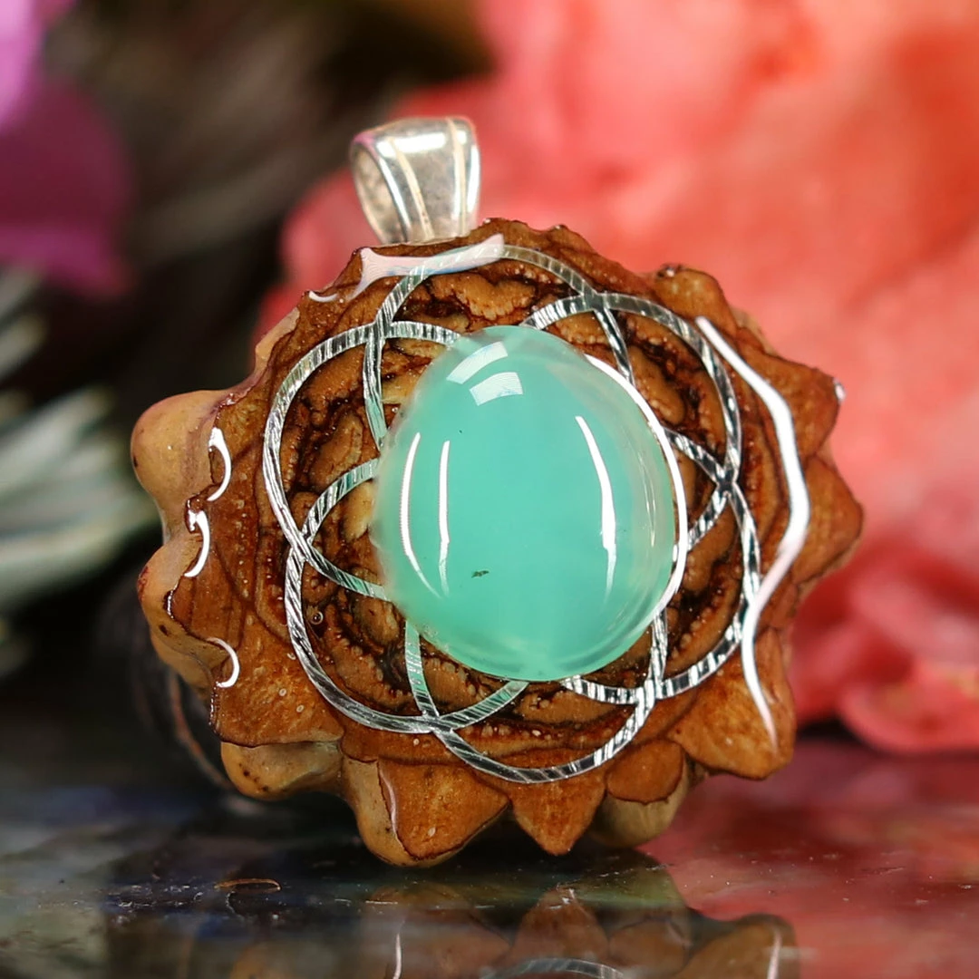 TEP Pendants Chrysoprase With Silver Seed Of Life 5 TEP Pendants Chrysoprase With Silver Seed Of Life