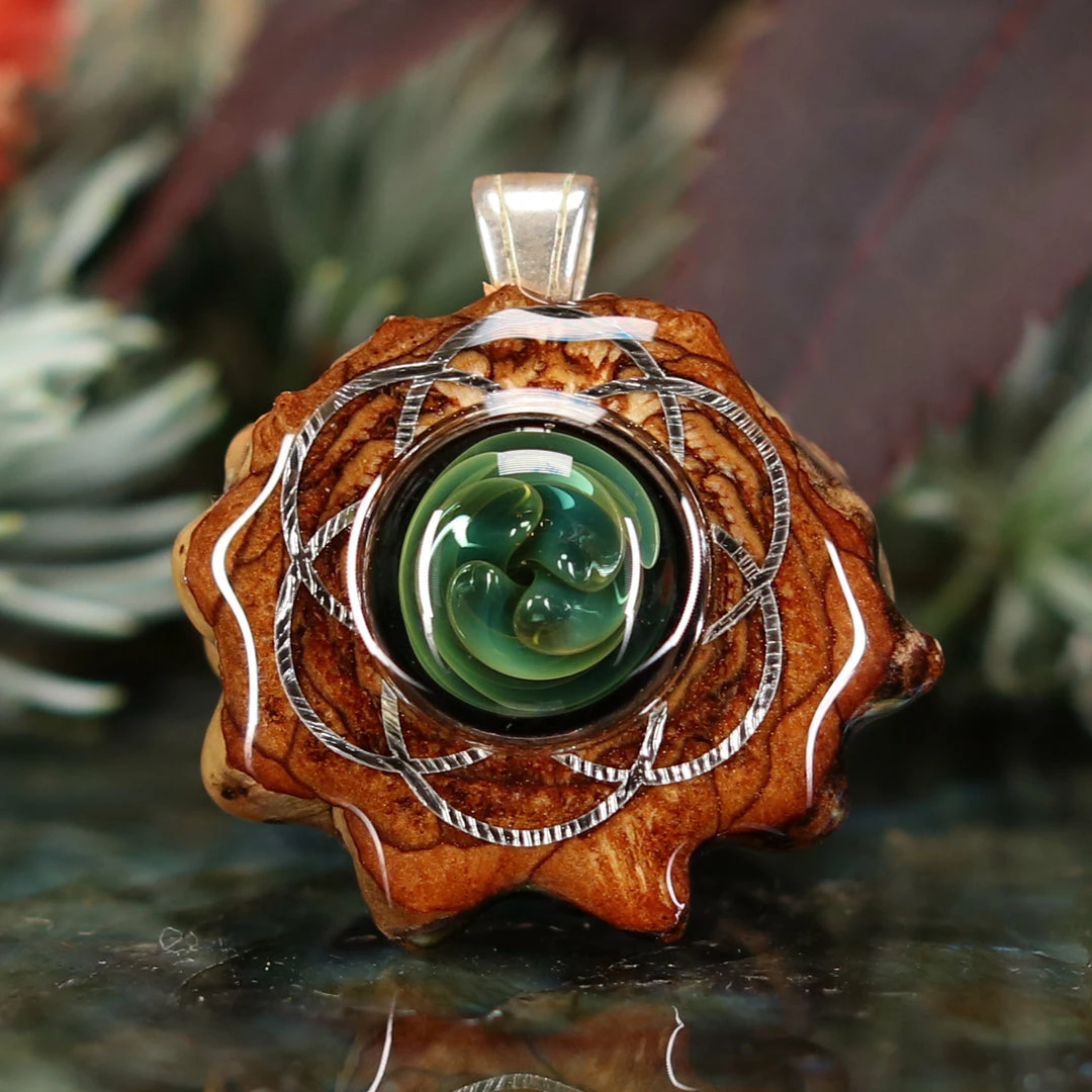 TEP Pendants Green Fume Implosion Glass With Silver Seed Of Life 3 TEP Pendants Green Fume Implosion Glass With Silver Seed Of Life