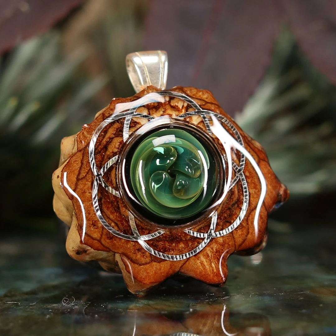 TEP Pendants Green Fume Implosion Glass With Silver Seed Of Life 5 TEP Pendants Green Fume Implosion Glass With Silver Seed Of Life