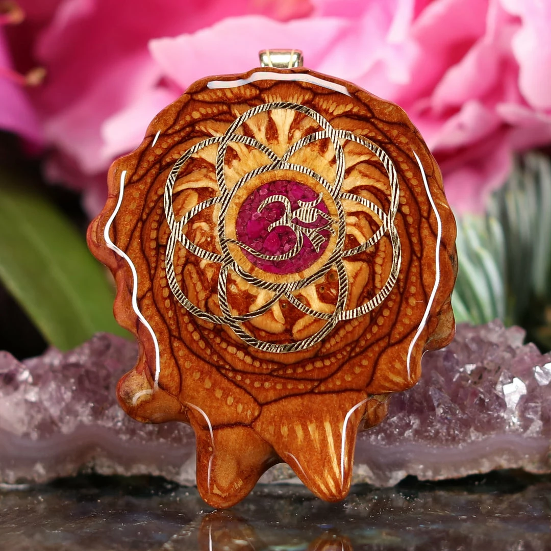 TEP Pendants Crushed Sugilite (Glows) With Gold Seed Of Life And Front Om 3 TEP Pendants Crushed Sugilite (Glows) With Gold Seed Of Life And Front Om