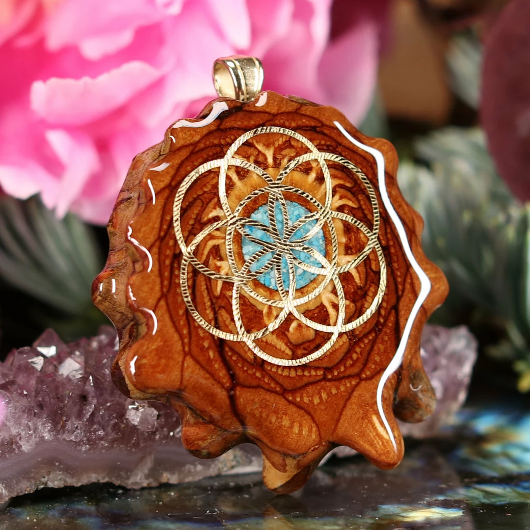 TEP Crushed Turquoise (Glows) With Gold Seed Of Life Pendants 5 TEP Crushed Turquoise (Glows) With Gold Seed Of Life Pendants