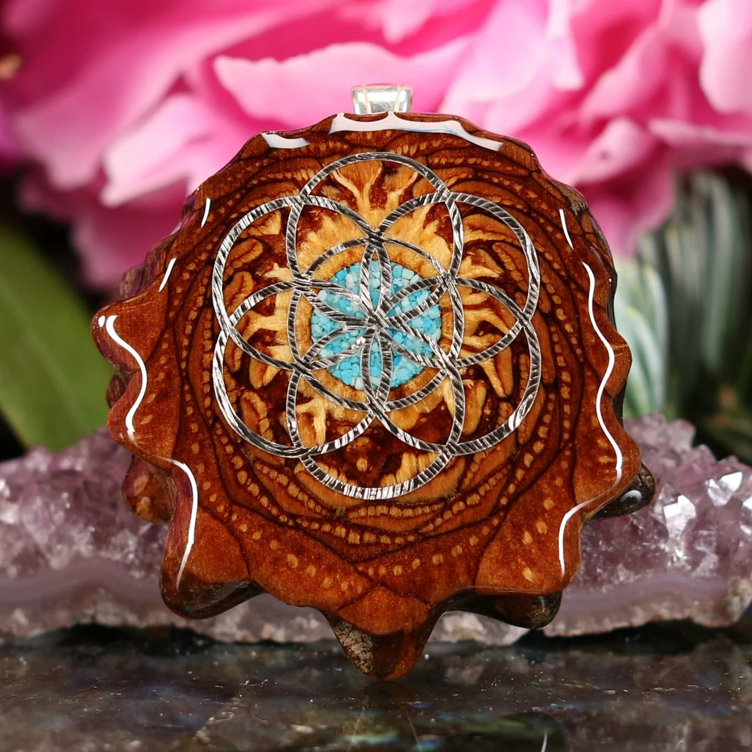 TEP Crushed Turquoise (Glows) With Silver Seed Of Life 3 TEP Crushed Turquoise (Glows) With Silver Seed Of Life