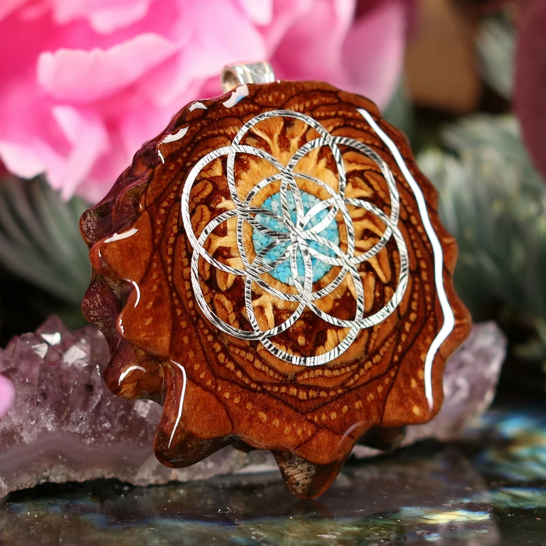 TEP Crushed Turquoise (Glows) With Silver Seed Of Life 5 TEP Crushed Turquoise (Glows) With Silver Seed Of Life