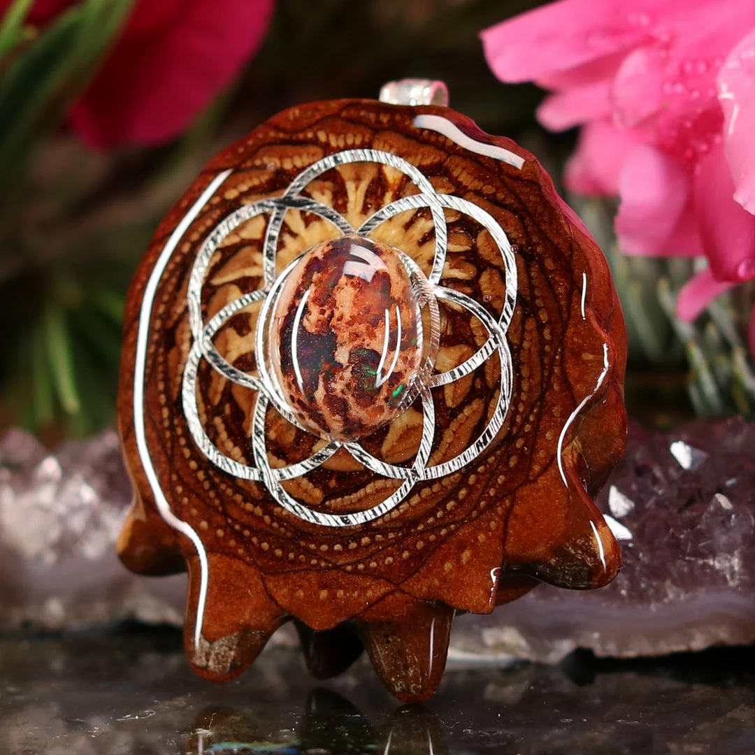 TEP Mexican Fire Opal With Silver Seed Of Life Pendants 4 TEP Mexican Fire Opal With Silver Seed Of Life Pendants