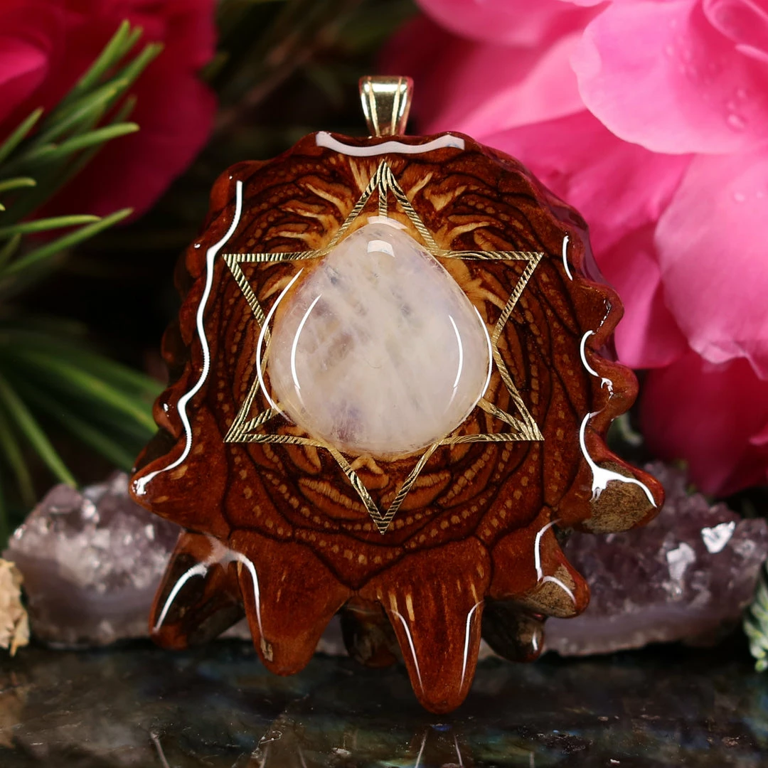 TEP Pendants Moonstone With Gold Merkaba 3 TEP Pendants Moonstone With Gold Merkaba