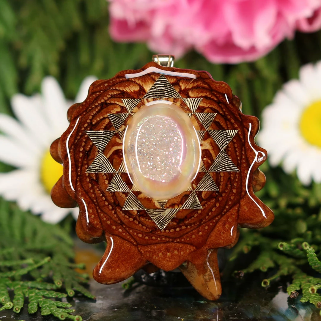 TEP White Druzy Quartz With Gold Sri Yantra Pendants 3 TEP White Druzy Quartz With Gold Sri Yantra Pendants