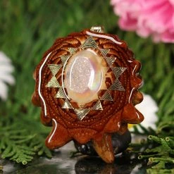 TEP White Druzy Quartz With Gold Sri Yantra Pendants
