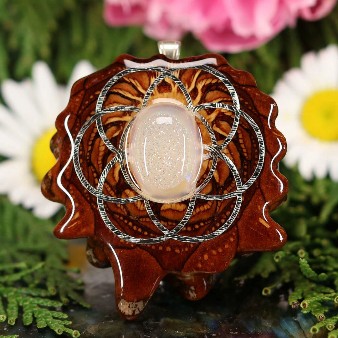 TEP Pendants White Druzy Quartz With Silver Seed Of Life 3 TEP Pendants White Druzy Quartz With Silver Seed Of Life
