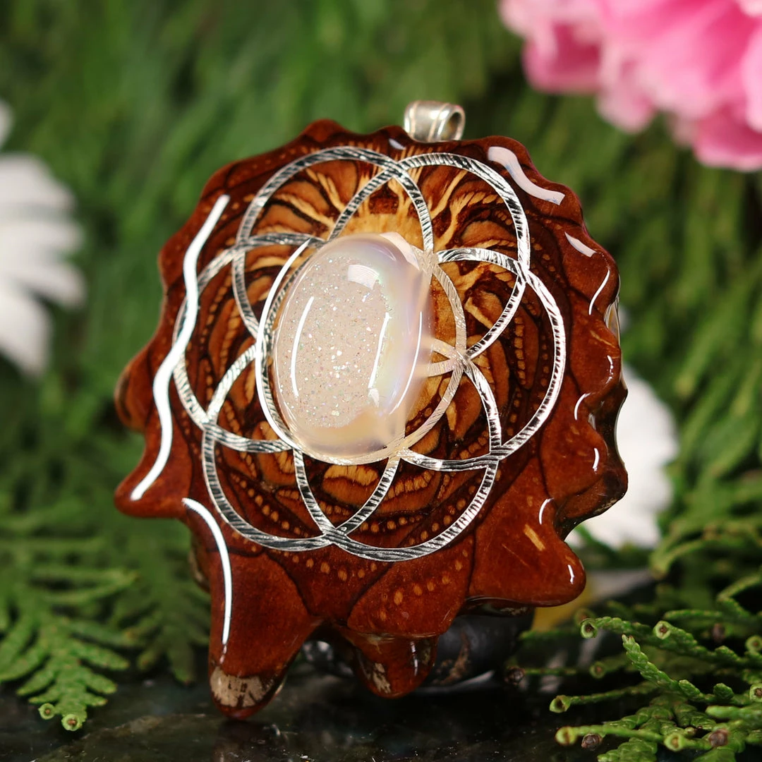 TEP Pendants White Druzy Quartz With Silver Seed Of Life 4 TEP Pendants White Druzy Quartz With Silver Seed Of Life
