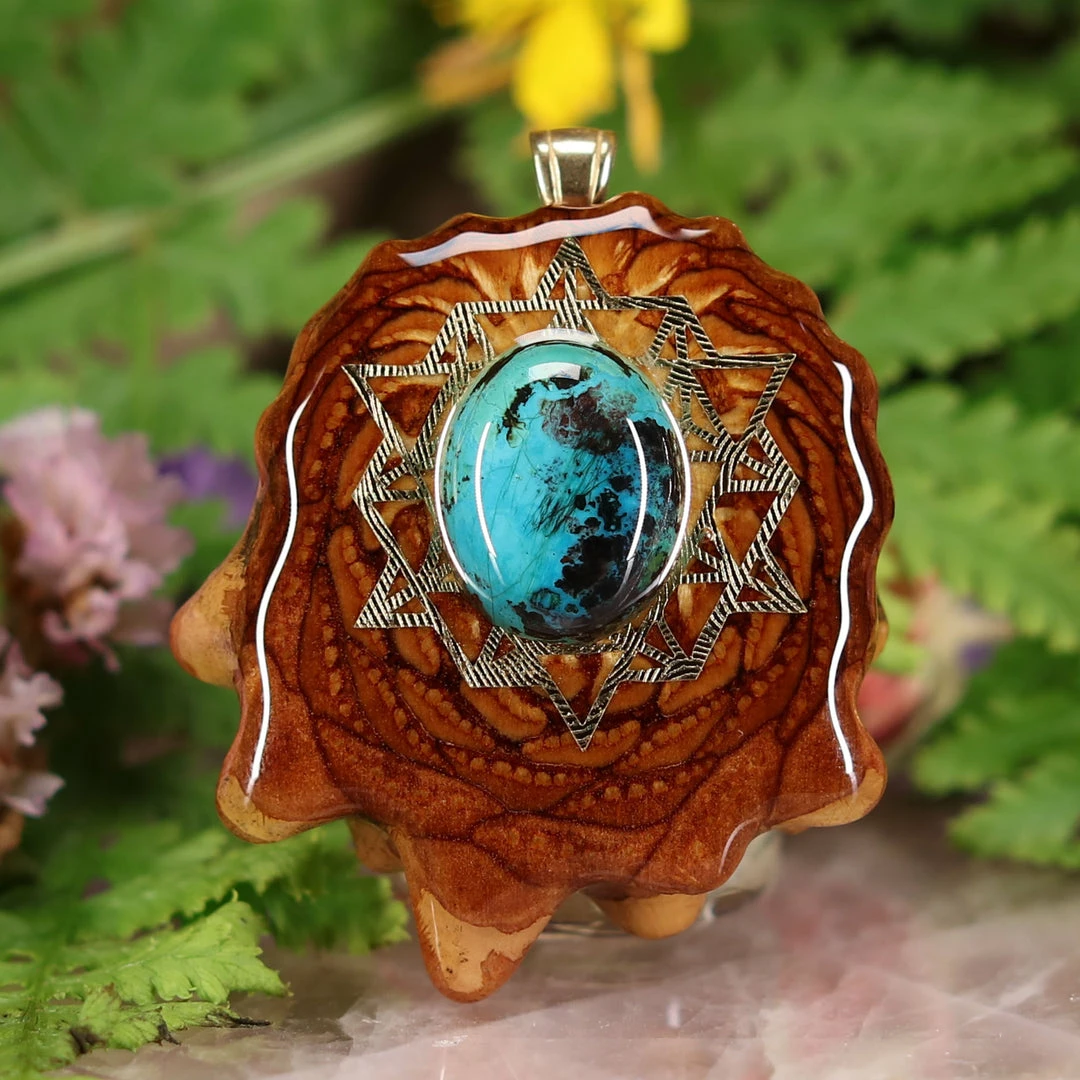 TEP Pendants Shattuckite With Gold 64 Star Tetrahedron 3 TEP Pendants Shattuckite With Gold 64 Star Tetrahedron